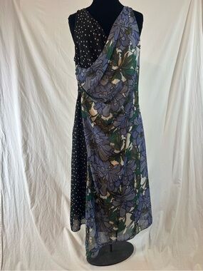 SFW Suitable For Work Made in Italy Floral Polka Dot Draped Midi Dress L NWT